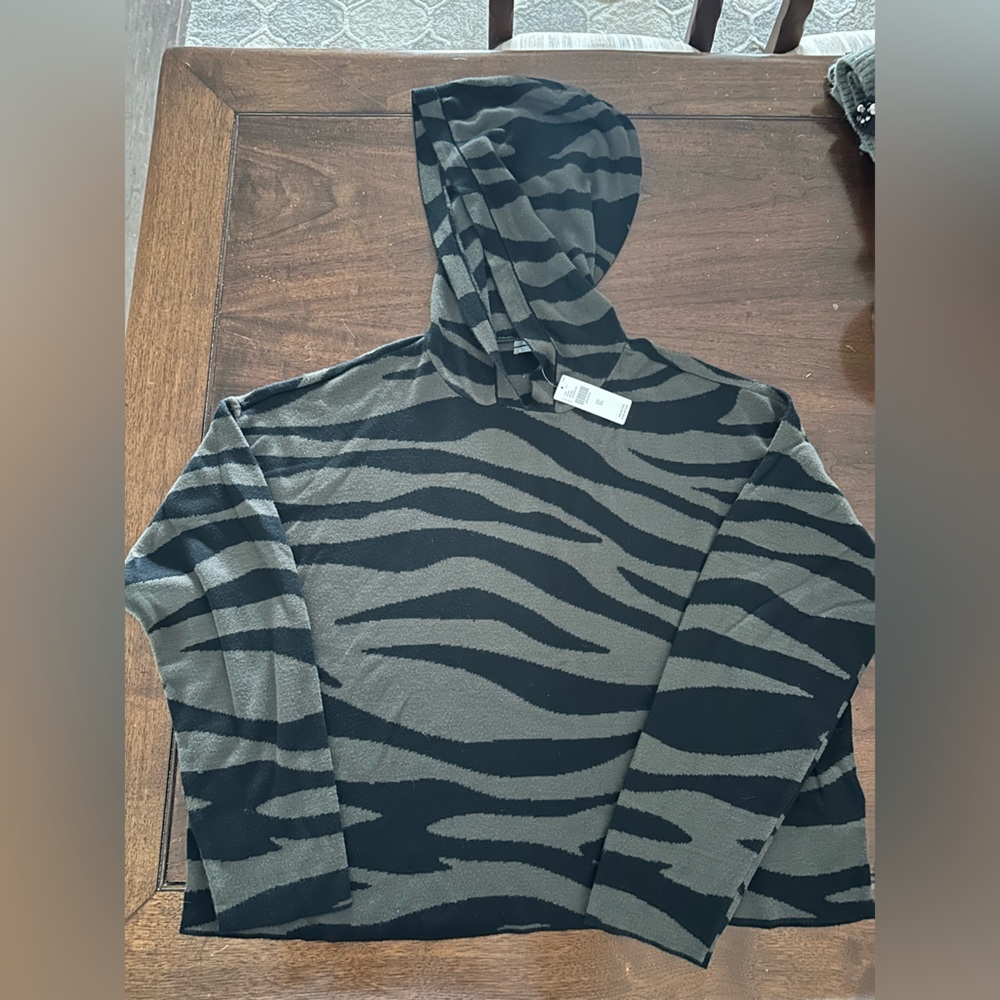 Anthropologie Black and Olive Green Hoodie Striped Sweater